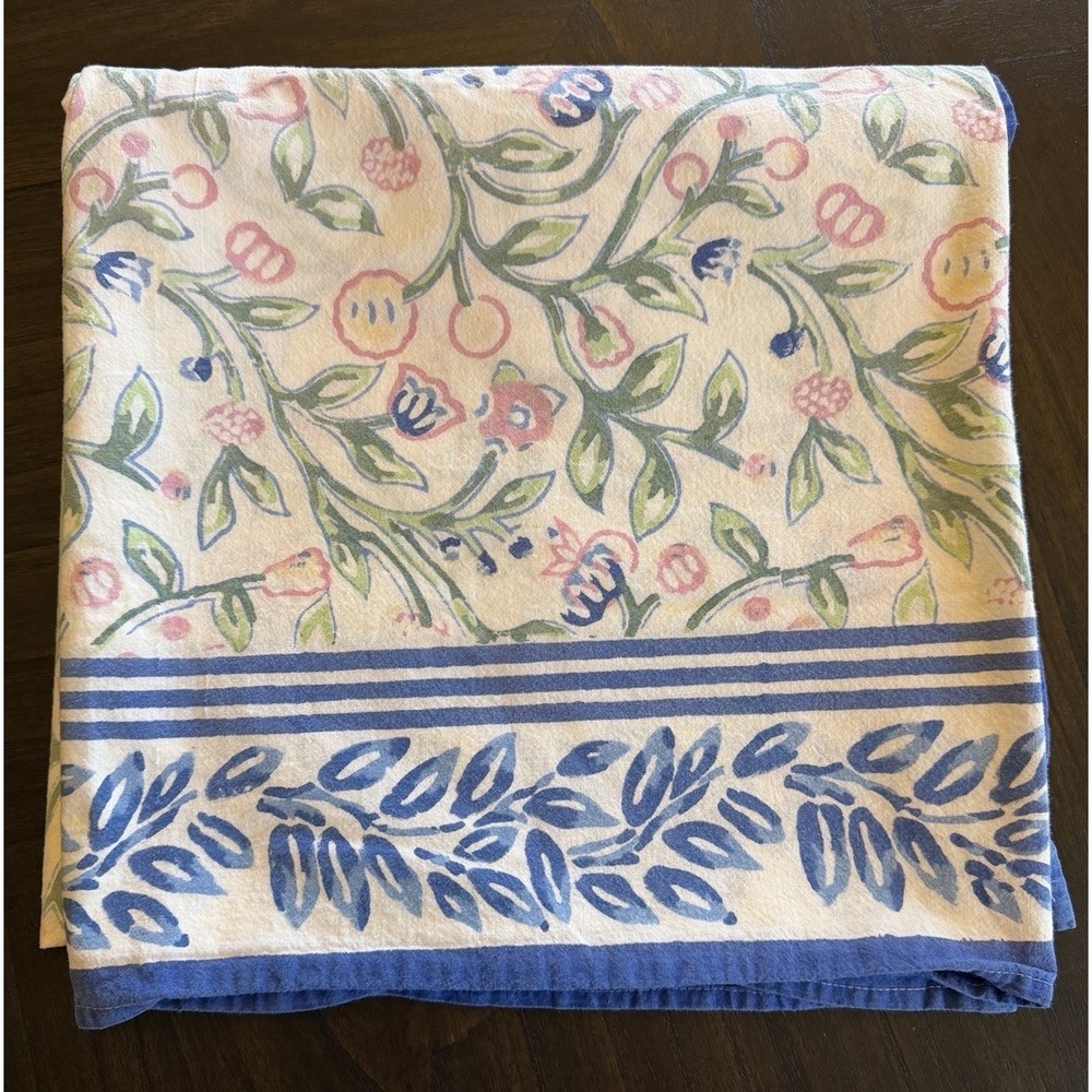 Vintage Pomegranate Emma Tablecloth Blue Border Floral 55" Square Pink Green